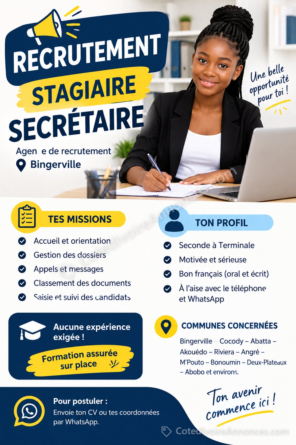 RECRUTEMENT – STAGIAIRE SECRÉTAIRE** — Emploi à Abidjan