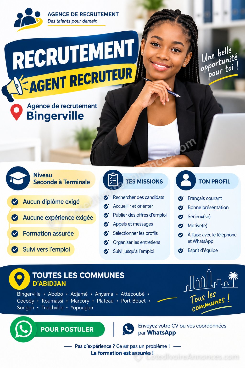 📢 RECRUTEMENT – AGENT RECRUTEUR — Emploi à Abidjan