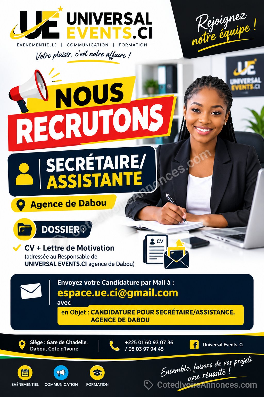 RECRUTEMENT SECRÉTAIRE/ASSISTANTE à Abidjan