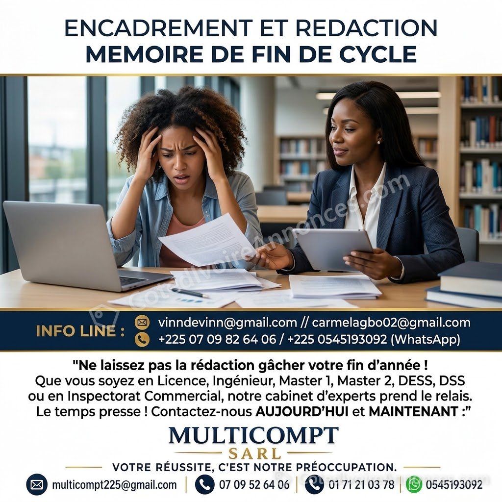 ENCADREMENT ET REDACTION MEMOIRE DE FIN DE CYCLE à Abidjan