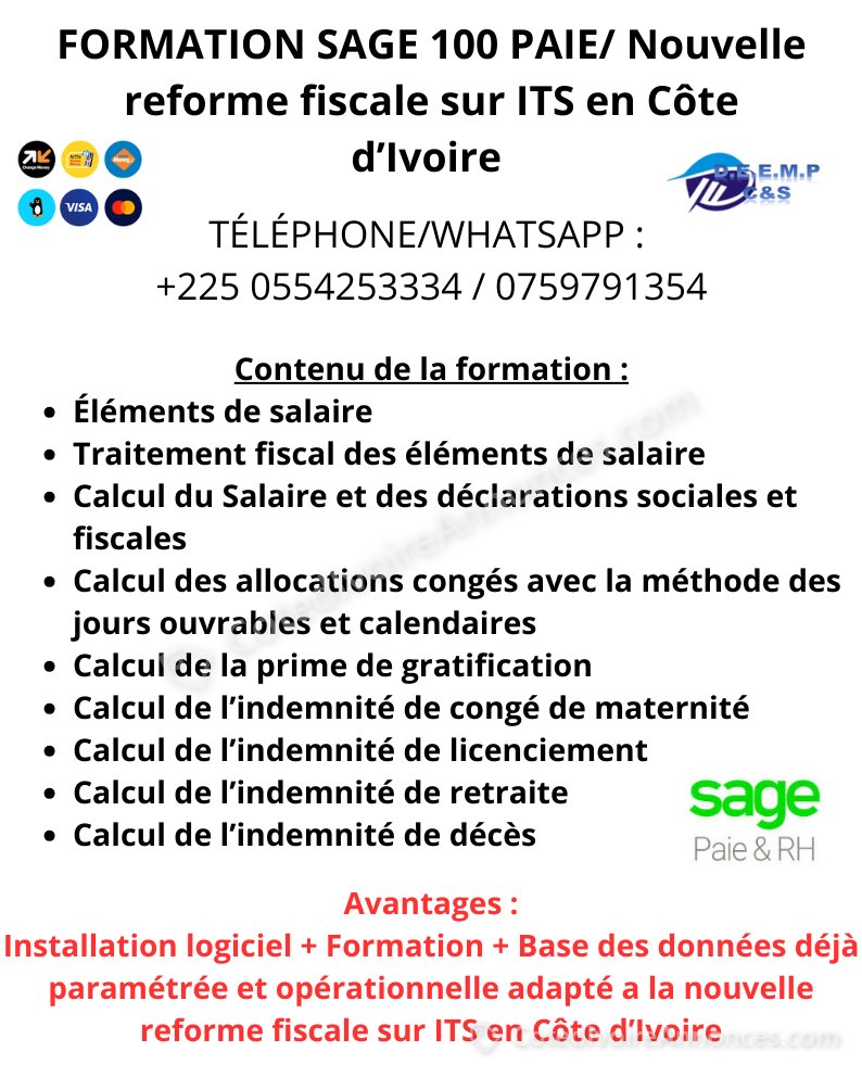 FORMATION SAGE 100 PAIE & RH ET BASE OU FICHIER OPERATIONNEL — Services à Abidjan