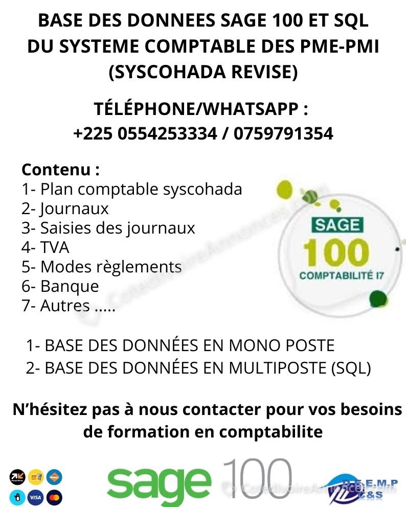 FICHIER OU BASE DES DONNEES OPERATIONNELLES SAGE 100 COMPTABILITE SYSCOHADA — Services à Abidjan
