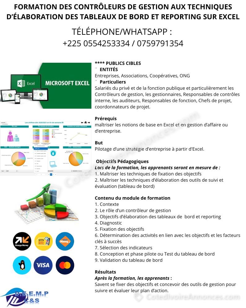 FORMATION EN CONTRÖLE DE GESTION, TABLEAUX DE BORD DE PROFMANCE AVEC EXCEL — Services à Abidjan