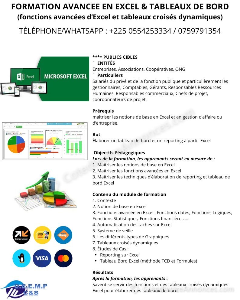 FORMATION AVANCEES EN EXCEL ET TCD : TABLEAUX DE BORD ET REPORTING DE GESTION — Services à Abidjan