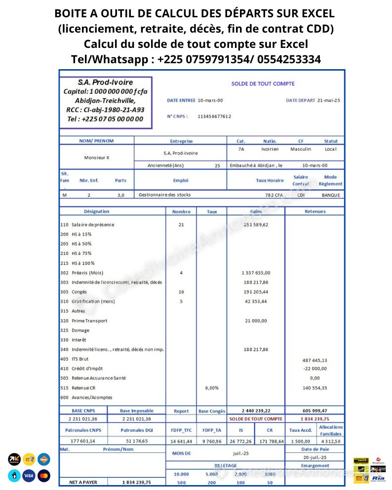 Boîte a outil de gestion des departs (licenciement, retraite, deces...) — Services à Abidjan