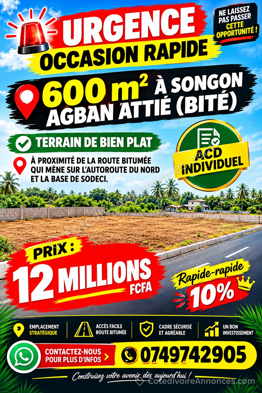 Terrain de 600 m² avec ACD individuel à Songon Bité – 12 millions FCFA à Abidjan