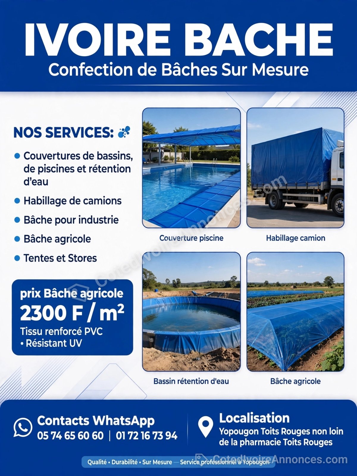 vente de baches plates pour les véhicules les bassins à Abidjan