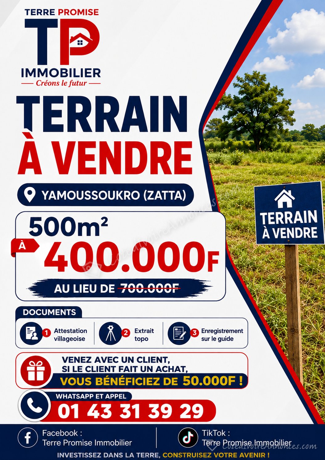 500m² à 400.000f à Yamoussoukro